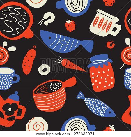 Funny Food Seamless Pattern In Sketch Style. Scandinavian Food And Kitchen Ware. Made In Vector.