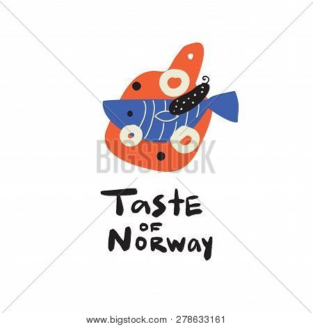 Taste Of Norway. Hand Drawn Illustration Of Cutting Board With Fish, Cucumber And Onion Slices. Desi