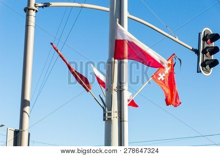 Polish And Gdansk Flag After Death Of Pawel Adamowicz Who Was Mayor Of The City Of Gdansk. Gdansk Fl