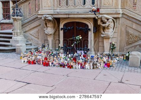 Gdansk, Poland - January 15, 2019: Candles After Pawel Adamowicz Death In Old Town Of Gdansk. Pawel 