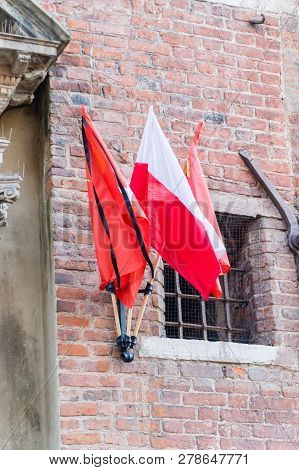 Polish And Gdansk Flag In Old Town Of Gdansk After Death Of Pawel Adamowicz Who Was Mayor Of The Cit