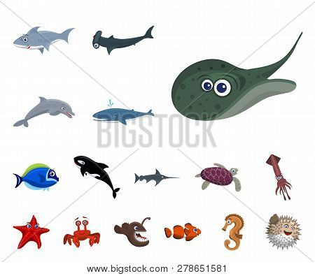 Vector Design Of Sea And Animal Sign. Collection Of Sea And Marine Stock Symbol For Web.