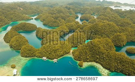Aerial View: Bucas Grande Island, Sohoton Cove. Philippines. Tropical Sea Bay And Lagoon, Beach. Tro