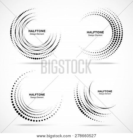 Halftone Circular Vortex Dotted Frame Set. Circle Swirl Dots Isolated On White Background. Logo Desi