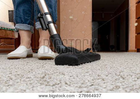Cleaning Carpets With Vacuum Cleaner, Housewife Using A Vac Home Routine.