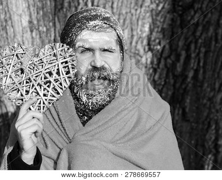 Frozen Smiling Man With Squinty Eyes , Bearded Hipster, With Beard And Moustache Covered With White 