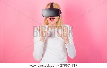 Woman Using Vr Device. Woman Watching Virtual Reality Vision. 3d Technology, Virtual Reality, Entert