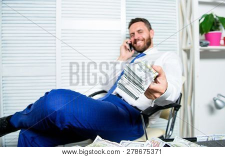 Financial Fraud Crime. Man Earn Money On Mobile Conversation Fraud. Blackmail And Money Extortion. I