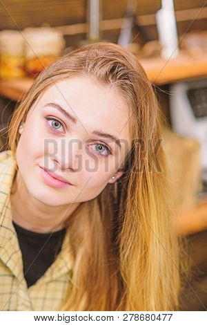Teenage Girl With Beautiful Green Eyes And Full Lips Posing Indoors. Blond Female With Gorgeous Hair