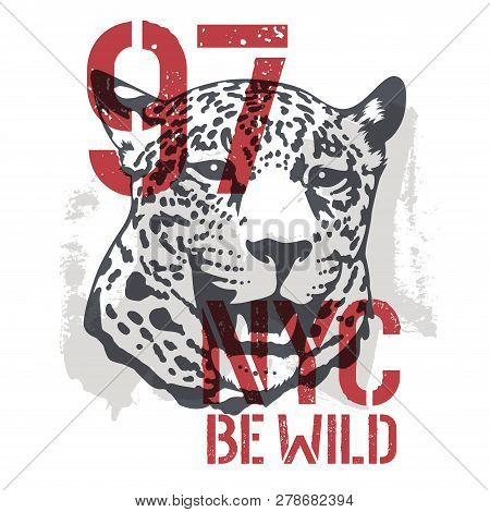 Leopard T Shirt Graphics. Roaring Leopard Head Vector Illustration With Grunge Design Element. Be Wi