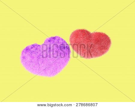 Fluffy Heart. Fur Plush Heart. Heart Shape Red Fluffy Soft Pillow Or Cushion For Valentines Day Or W