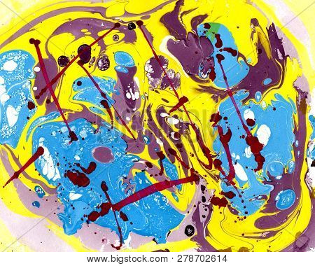 Abstract Marbling, Ebru Style Background With Spots Of Blue, Yellow And Violet And Splashes Of Red C