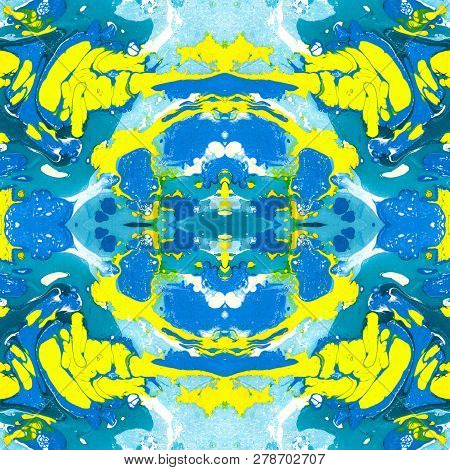 Abstract Marbling, Ebru Style Seamless Pattern, Background With Waves And Splashes Of Blue And Yello