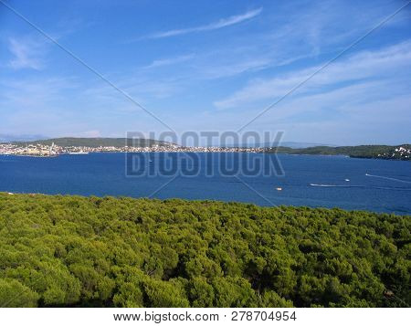 View Of Vivid Landscape With Royal Blue Sea And Bright Green Foliage At The Adriatic Shore. Summer D