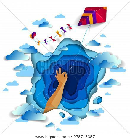 Hand Holding Kite Over Cloudy Sky, Freedom And Easiness Emotional Concept, Vector Modern Style Paper