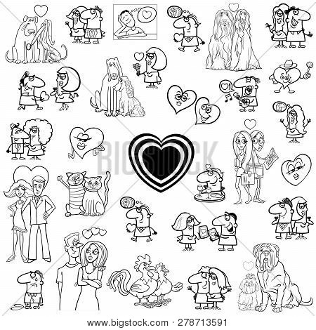 Black And White Cartoon Illustration Of Valentines Day Characters And Design Elements Larege Set