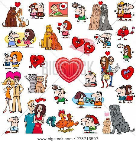 Cartoon Illustration Of Valentines Day Characters And Design Elements Larege Set