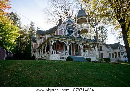 Bay View, Michigan / United States - October 17, 2017: An Elegant Victorian Summer Cottage, With A W