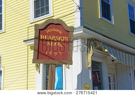 Rockport, Ma, Usa - Mar. 6, 2015: Sign Of Historic Bearskin Neck Built In 1695 In Downtown Rockport,