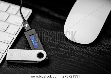 UKRAINE, ROVNO - ON JANUARY 11: Ledger hardware wallet for cryptocurrency on a white keyboard
