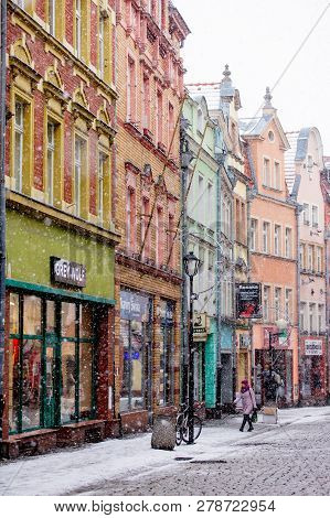 Jelenia Gora, Poland - January 15, 2019: View At Polish City Jelenia Gora Street In Snow Time While 