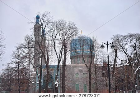 Saint Petersburg Mosque On Petrograd Side At Cloud Day, Russia.