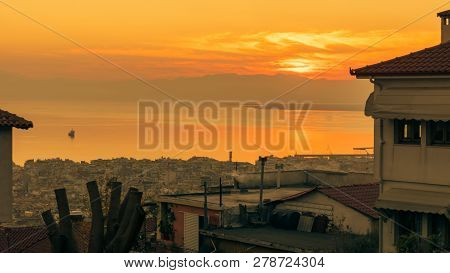 Sun Sets On The Olympus Mountain As Seen From Eptapyrgio Castle In Thessaloniki