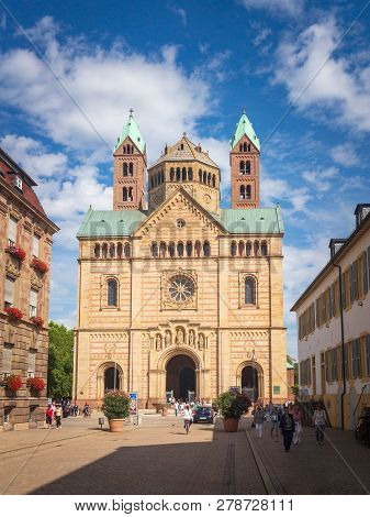 Speyer, Germany - August 17, 2017: Western Facade And Main Entrance Of Historic Speyer Cathedral, Ge
