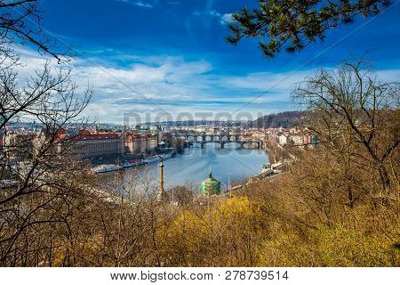 Prague City Seen From The Letna Hill In A Beautiful Early Spring Day