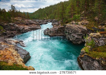 Rapids on the Sjoa river in Oppland County of Eastern Norway, Scandinavia, popular for rafting, kayaking, riverboarding and other activities