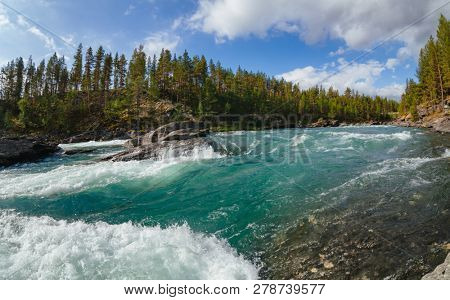 Rapids on the Sjoa river in Oppland County of Eastern Norway, Scandinavia, popular for rafting, kayaking, riverboarding and other activities