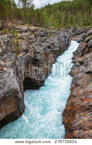 Ridderspranget (the knight's leap) ravine on the Sjoa river in Oppland County of Eastern Norway, Scandinavia, named after a Norwegian myth