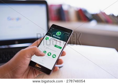 Chiang Mai, Thailand - June 03,2018: Man Holding Huawei With Wechat  On The Screen.wechat Is A Chine