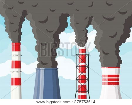 Smoking Factory Pipes Against Clear Sky With Clouds. Plant Pipe With Dark Smoke. Carbon Dioxide Emis