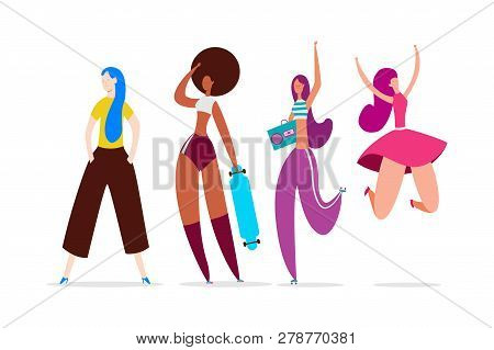 Girl Cartoon Character Set: Dancing, Jumping, With Skate And Tape Recorder. Vector Illustration Isol