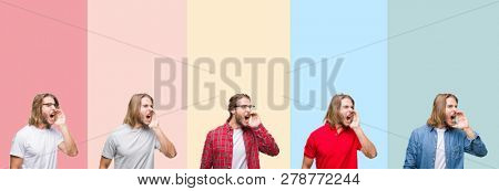 Collage of young handsome man over colorful stripes isolated background shouting and screaming loud to side with hand on mouth. Communication concept.