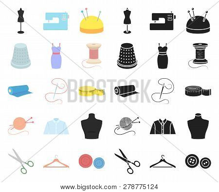 Atelier And Sewing Cartoon, Black Icons In Set Collection For Design. Equipment And Tools For Sewing