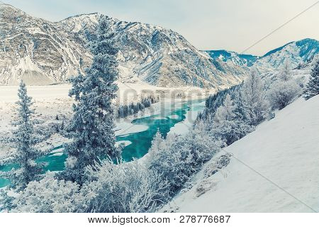 Winter Snow River In Mountains. Snow Winter Mountain River Valley Landscape. Winter Snow River In Wi