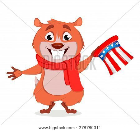 Happy Groundhog Day. Funny Marmot Holding Uncle Sam Hat. Vector Illustration On White Background