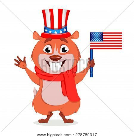 Happy Groundhog Day. Funny Marmot Wearing Uncle Sam Hat And Holding Usa Flag. Vector Illustration On