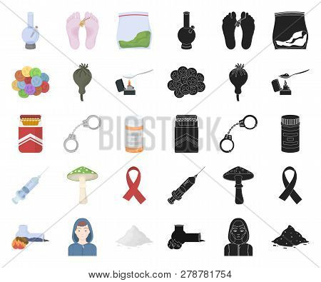 Drug Addiction And Attributes Cartoon, Black Icons In Set Collection For Design. Addict And Drug Vec