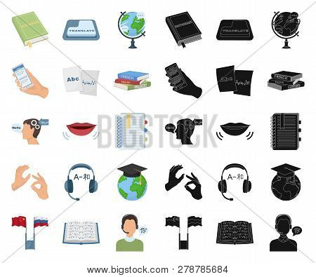Translator And Linguist Cartoon, Black Icons In Set Collection For Design. Interpreter Vector Symbol