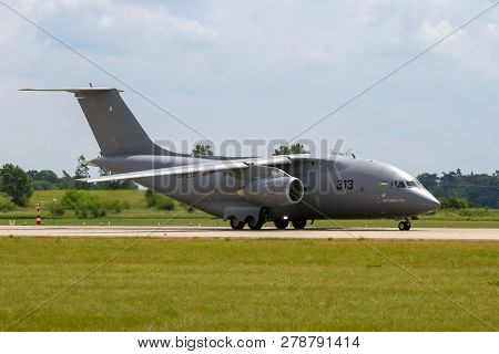 Berlin, Germany - June 2, 2016: Antonov An-178 Cargo Plane Taxiing Towards The Runway For A Demonstr