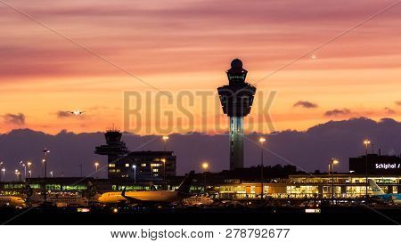 Amsterdam, The Netherlands - Jan 9, 2019: View On Amsterdam Schiphol International Airport While Pla