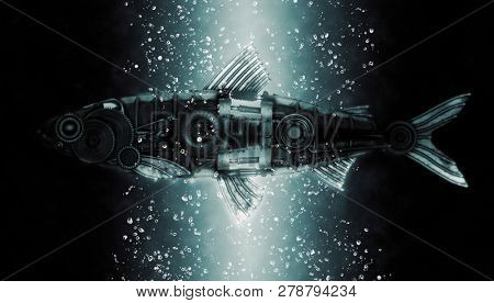 Steampunk style fish herring. Mechanical animal photo compilation