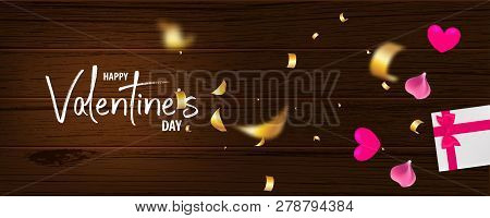Valentines Day Wood 3d Vector Background. Wooden Texture, Red Heart With Golden Serpentine Confetti,