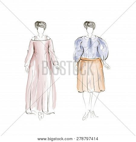 Hand-drawn Fashion Plus Size Model. Vector Illustration.