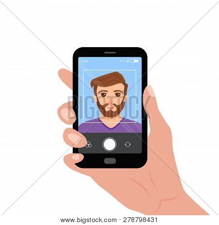 Selfie Colorful Vector Concept. Cartoon Illustration Of Man Taking A Photo