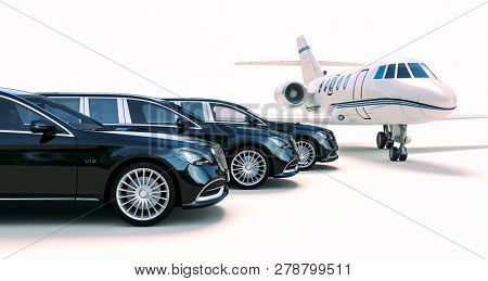 3d rende of luxury limousine car and private jet