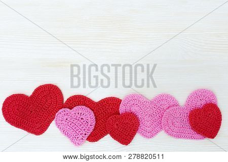 Pink And Red Heart On Wood Background. Handmade Hearts For Birthday, Wedding Or Christmas Concept.